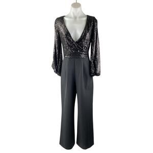Ever New Black Sequin Long Sleeve V Neck Pleated Wide Leg Wrap Romer Jumpsuit S